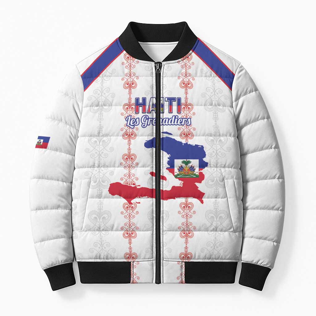Custom Haiti Football Bomber Puffer Jacket Les Grenadiers Veve Vodou White - Wonder Print Shop