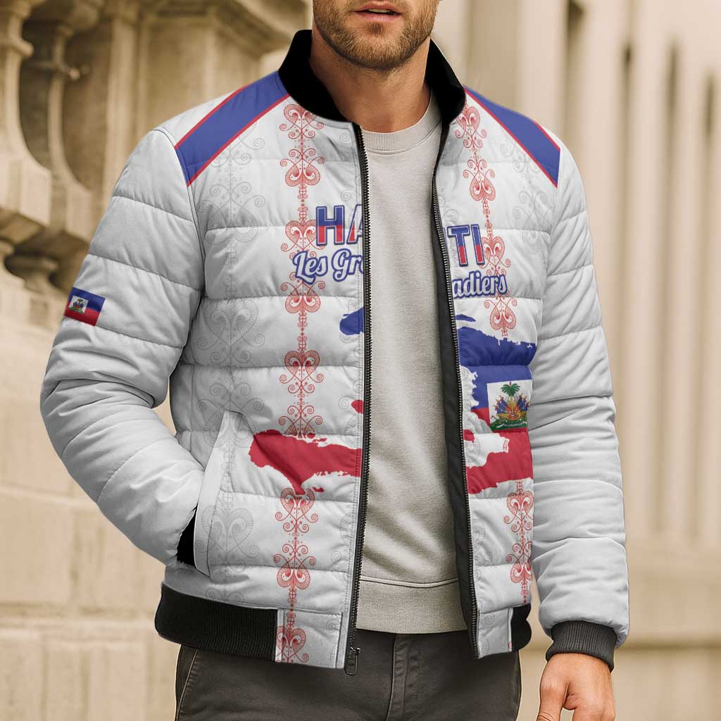 Custom Haiti Football Bomber Puffer Jacket Les Grenadiers Veve Vodou White - Wonder Print Shop