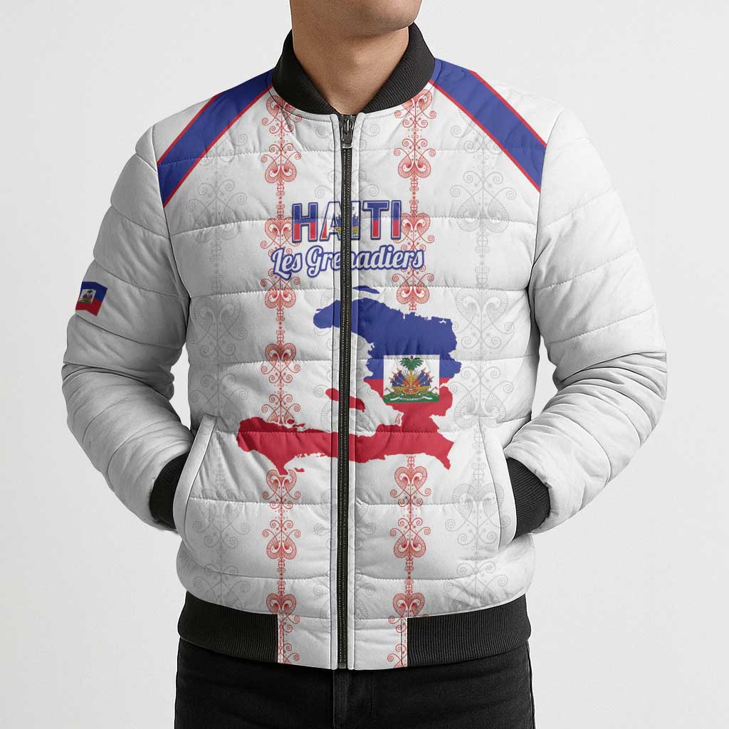 Custom Haiti Football Bomber Puffer Jacket Les Grenadiers Veve Vodou White - Wonder Print Shop