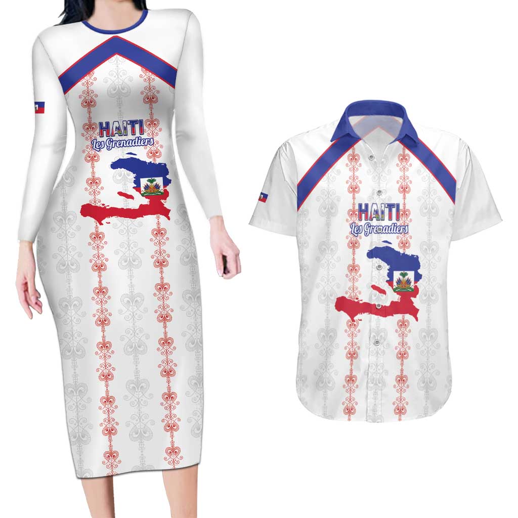 Custom Haiti Football Couples Matching Long Sleeve Bodycon Dress and Hawaiian Shirt Les Grenadiers Veve Vodou White - Wonder Print Shop