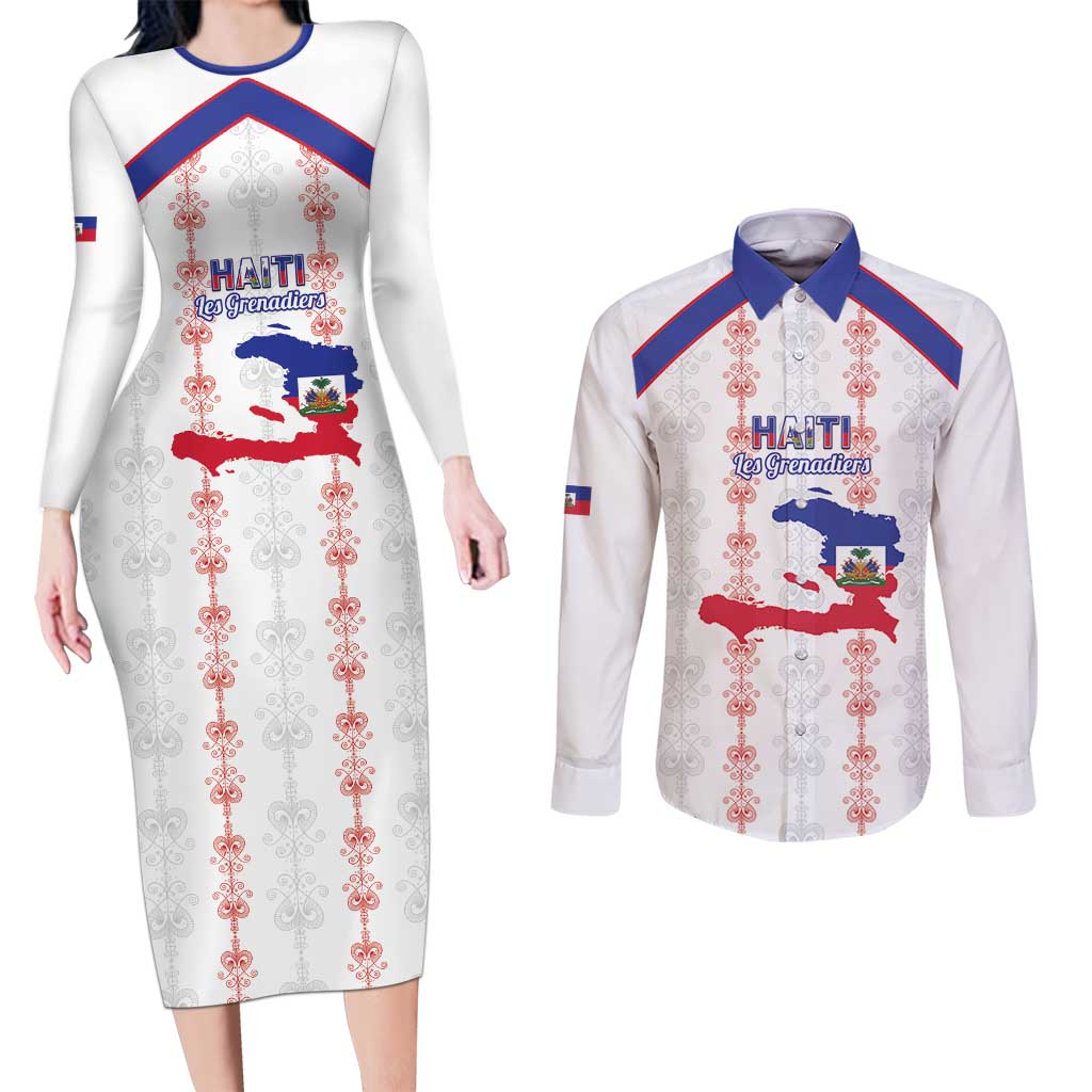 Custom Haiti Football Couples Matching Long Sleeve Bodycon Dress and Long Sleeve Button Shirt Les Grenadiers Veve Vodou White - Wonder Print Shop