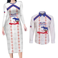 Custom Haiti Football Couples Matching Long Sleeve Bodycon Dress and Long Sleeve Button Shirt Les Grenadiers Veve Vodou White - Wonder Print Shop