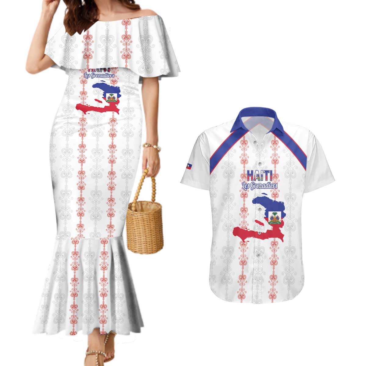 Custom Haiti Football Couples Matching Mermaid Dress and Hawaiian Shirt Les Grenadiers Veve Vodou White - Wonder Print Shop