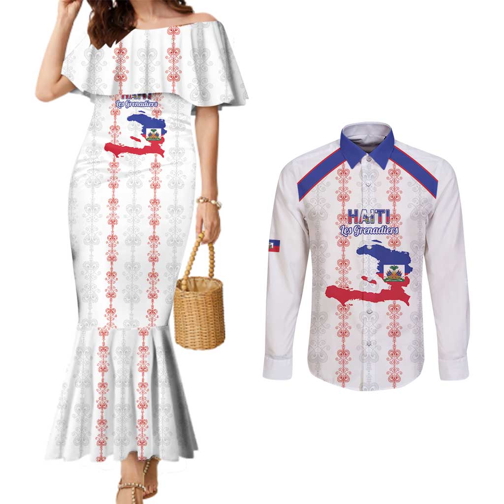Custom Haiti Football Couples Matching Mermaid Dress and Long Sleeve Button Shirt Les Grenadiers Veve Vodou White - Wonder Print Shop