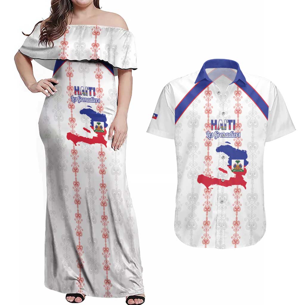 Custom Haiti Football Couples Matching Off Shoulder Maxi Dress and Hawaiian Shirt Les Grenadiers Veve Vodou White - Wonder Print Shop