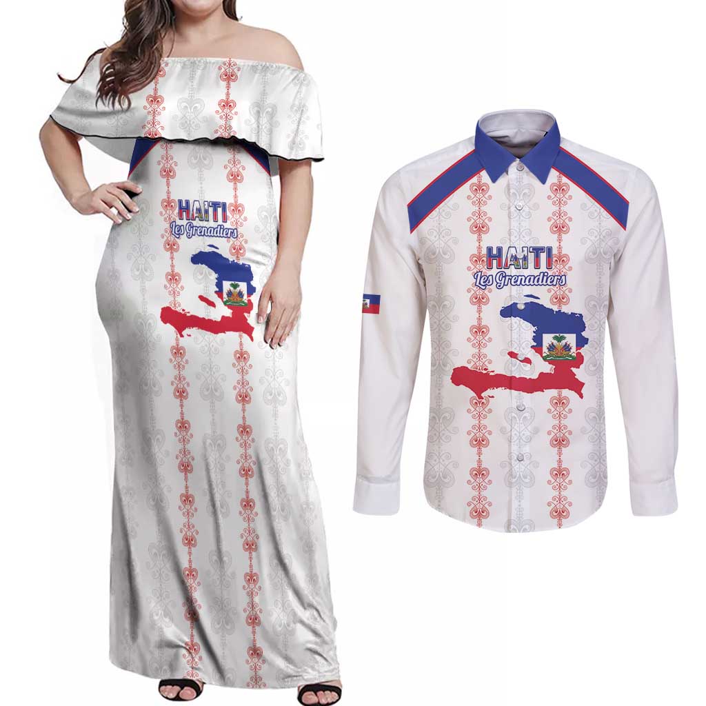 Custom Haiti Football Couples Matching Off Shoulder Maxi Dress and Long Sleeve Button Shirt Les Grenadiers Veve Vodou White - Wonder Print Shop