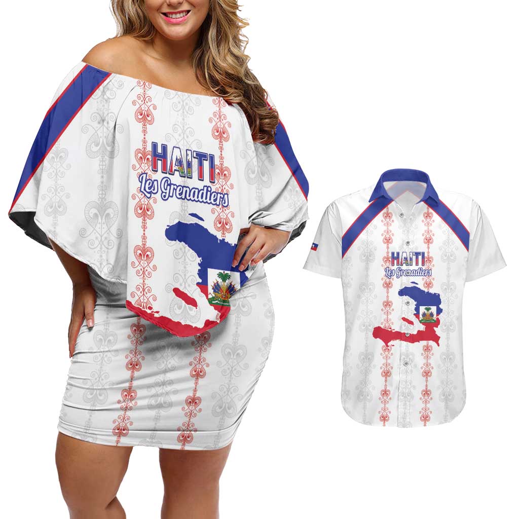 Custom Haiti Football Couples Matching Off Shoulder Short Dress and Hawaiian Shirt Les Grenadiers Veve Vodou White - Wonder Print Shop
