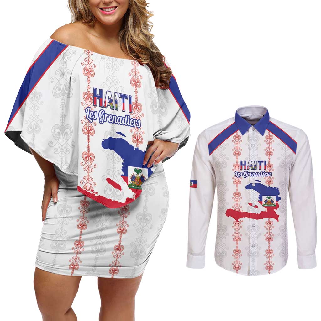 Custom Haiti Football Couples Matching Off Shoulder Short Dress and Long Sleeve Button Shirt Les Grenadiers Veve Vodou White - Wonder Print Shop