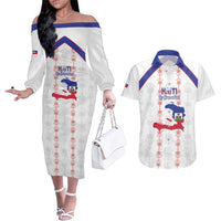 Custom Haiti Football Couples Matching Off The Shoulder Long Sleeve Dress and Hawaiian Shirt Les Grenadiers Veve Vodou White - Wonder Print Shop
