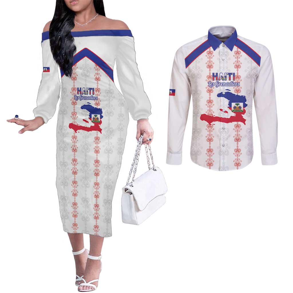 Custom Haiti Football Couples Matching Off The Shoulder Long Sleeve Dress and Long Sleeve Button Shirt Les Grenadiers Veve Vodou White - Wonder Print Shop