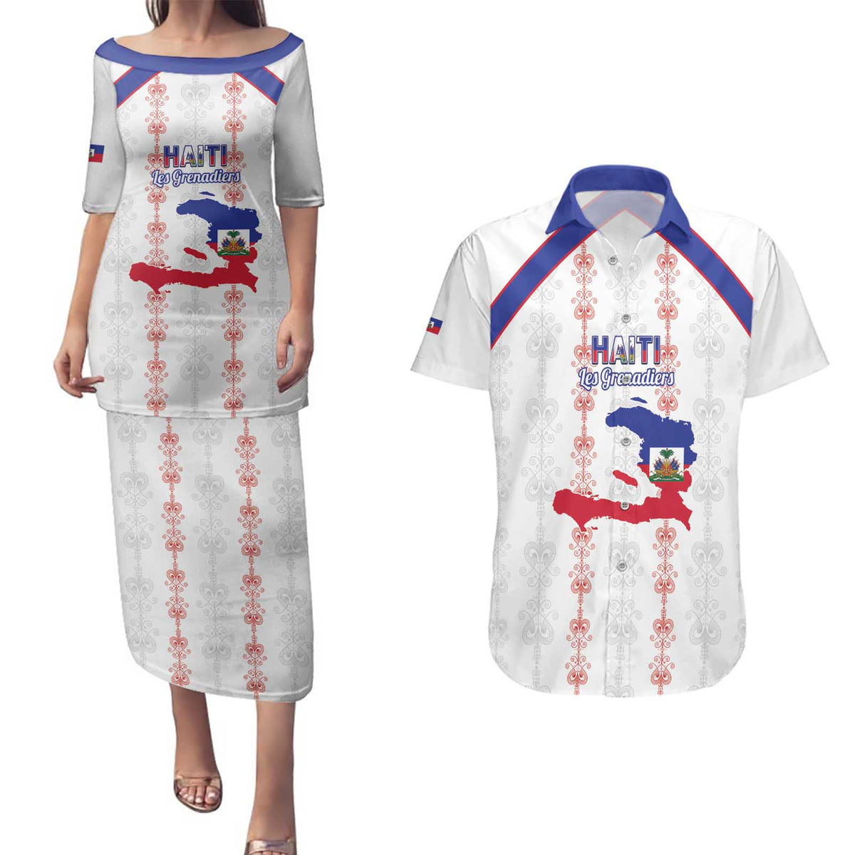 Custom Haiti Football Couples Matching Puletasi and Hawaiian Shirt Les Grenadiers Veve Vodou White - Wonder Print Shop