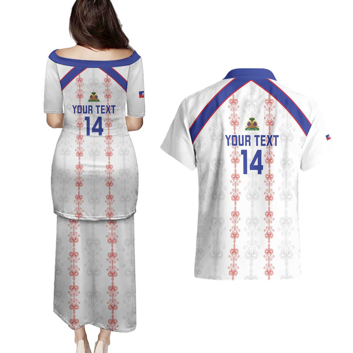 Custom Haiti Football Couples Matching Puletasi and Hawaiian Shirt Les Grenadiers Veve Vodou White - Wonder Print Shop