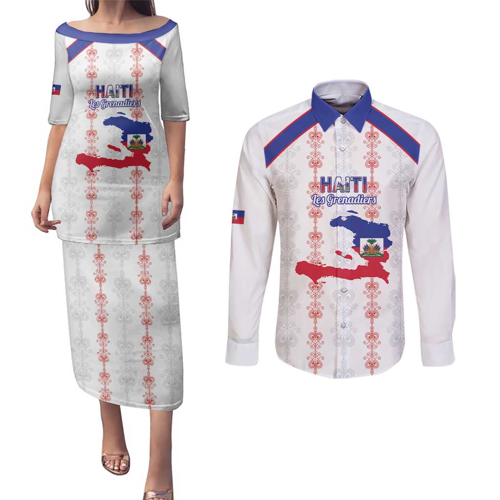 Custom Haiti Football Couples Matching Puletasi and Long Sleeve Button Shirt Les Grenadiers Veve Vodou White - Wonder Print Shop