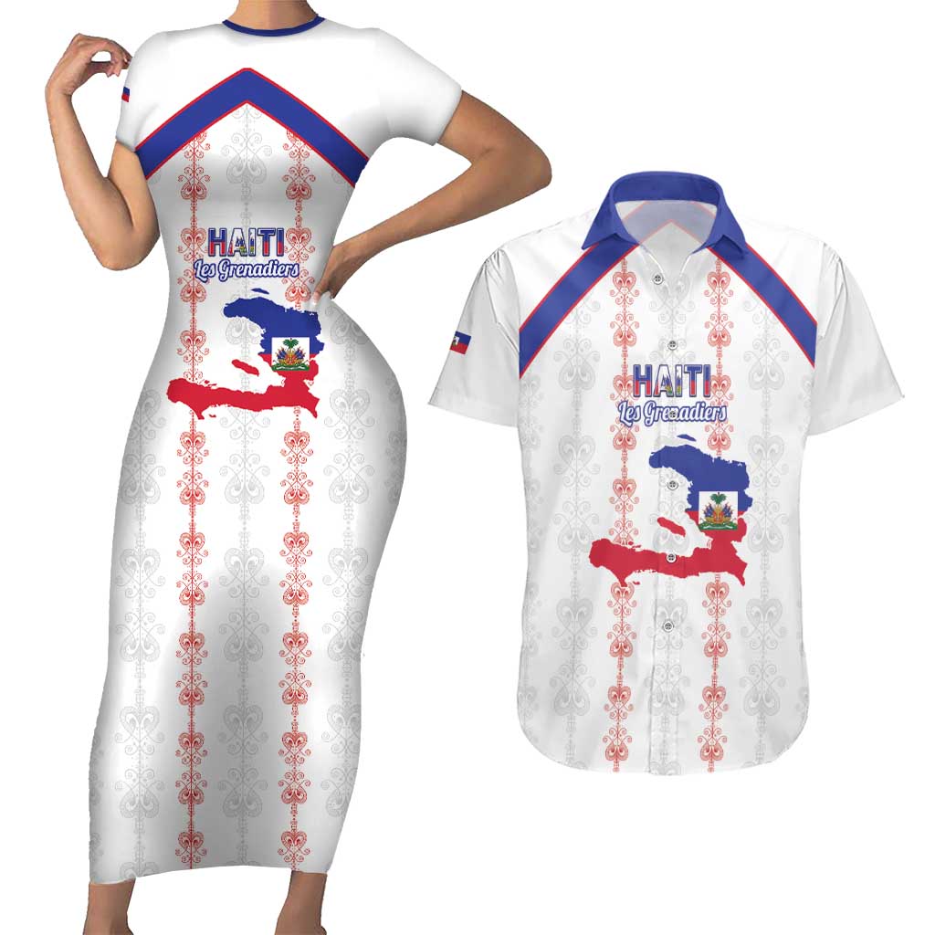 Custom Haiti Football Couples Matching Short Sleeve Bodycon Dress and Hawaiian Shirt Les Grenadiers Veve Vodou White - Wonder Print Shop