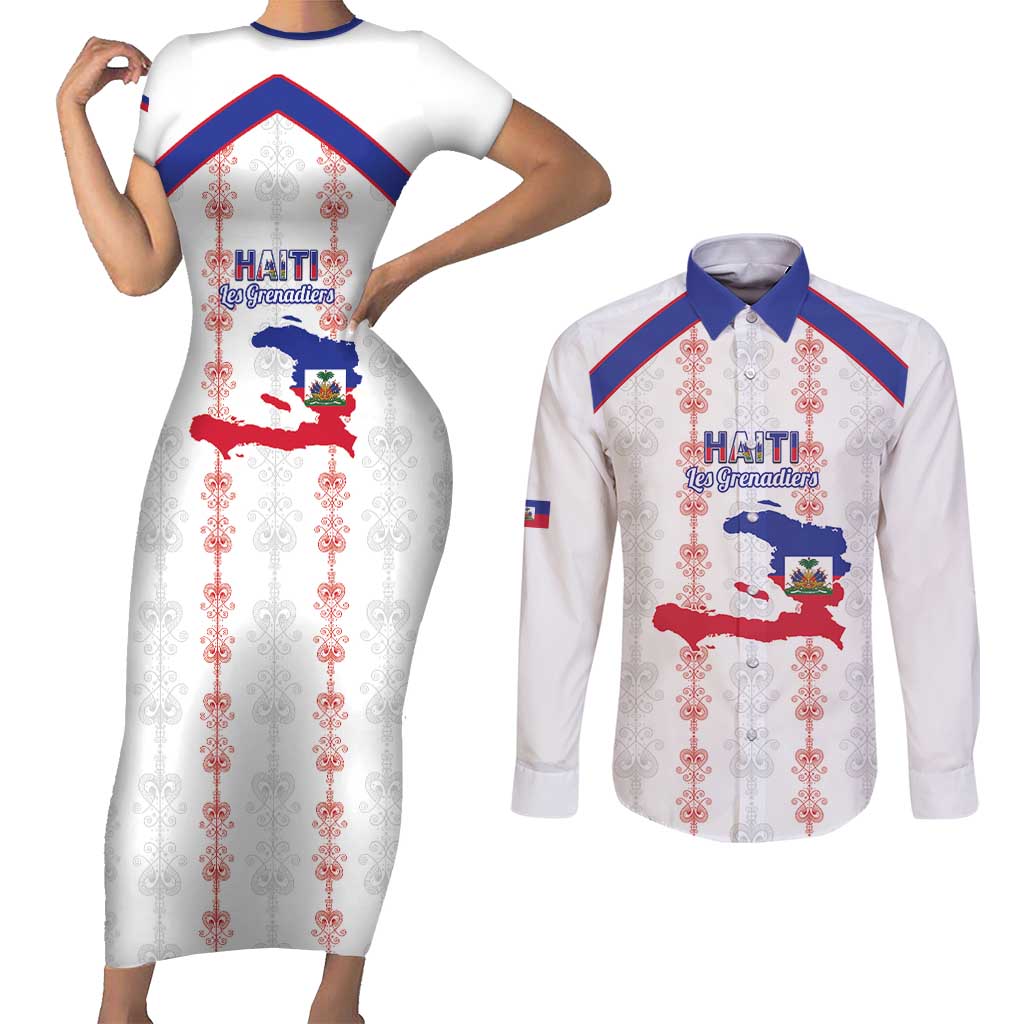 Custom Haiti Football Couples Matching Short Sleeve Bodycon Dress and Long Sleeve Button Shirt Les Grenadiers Veve Vodou White - Wonder Print Shop