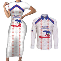 Custom Haiti Football Couples Matching Short Sleeve Bodycon Dress and Long Sleeve Button Shirt Les Grenadiers Veve Vodou White - Wonder Print Shop