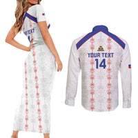 Custom Haiti Football Couples Matching Short Sleeve Bodycon Dress and Long Sleeve Button Shirt Les Grenadiers Veve Vodou White - Wonder Print Shop
