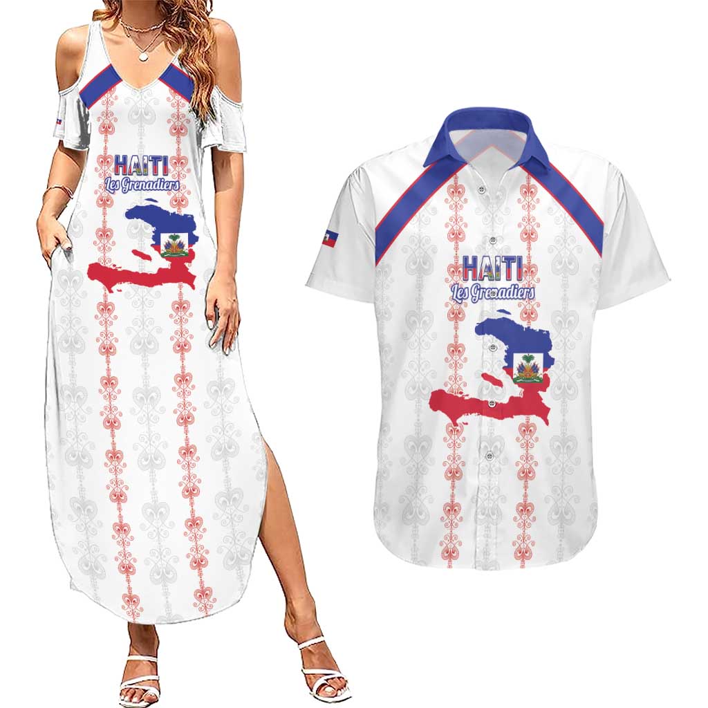 Custom Haiti Football Couples Matching Summer Maxi Dress and Hawaiian Shirt Les Grenadiers Veve Vodou White - Wonder Print Shop