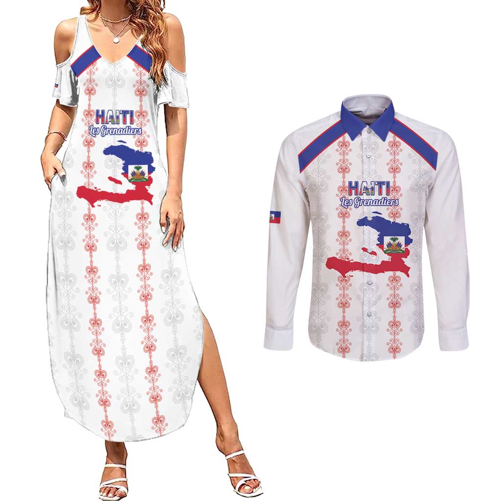 Custom Haiti Football Couples Matching Summer Maxi Dress and Long Sleeve Button Shirt Les Grenadiers Veve Vodou White - Wonder Print Shop