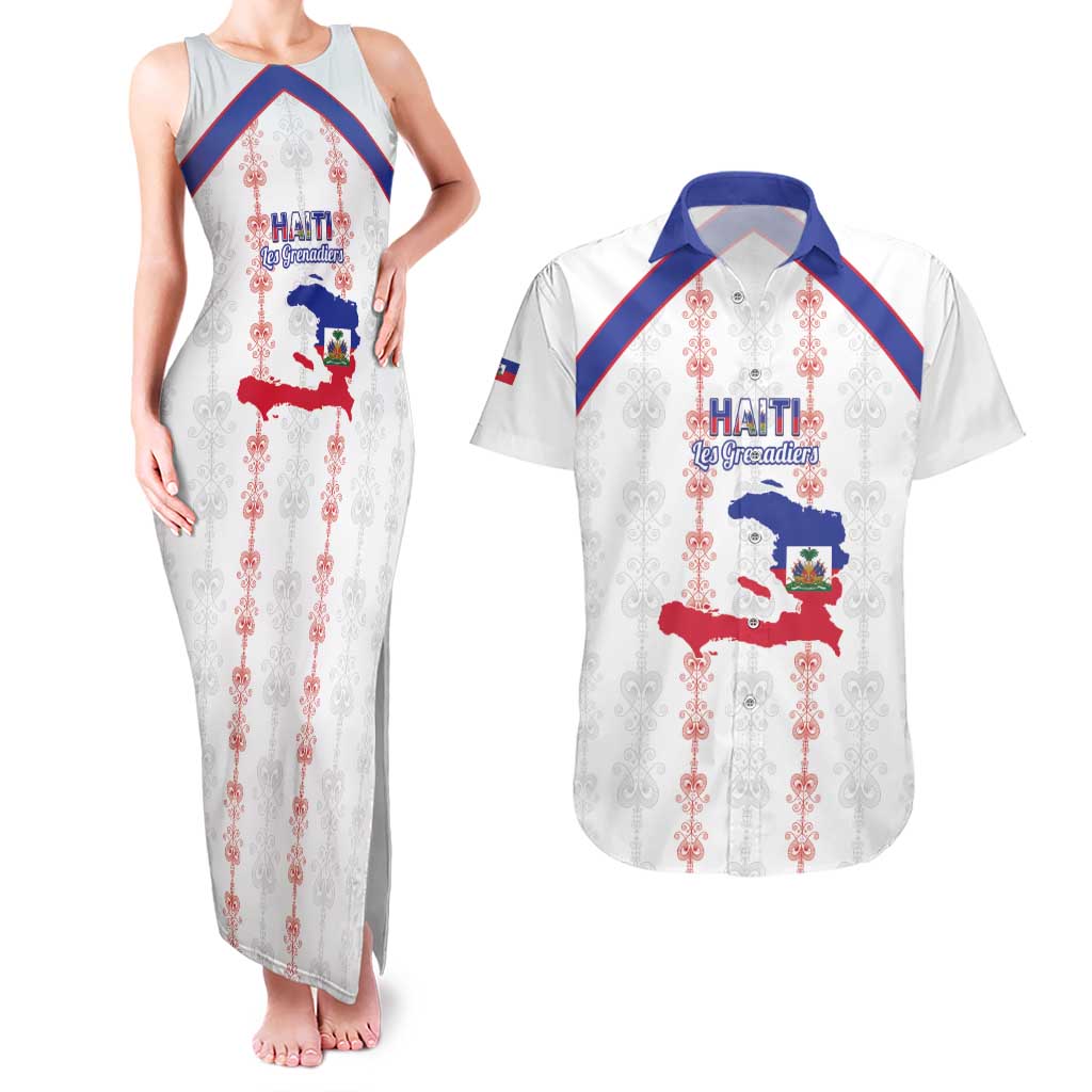 Custom Haiti Football Couples Matching Tank Maxi Dress and Hawaiian Shirt Les Grenadiers Veve Vodou White - Wonder Print Shop