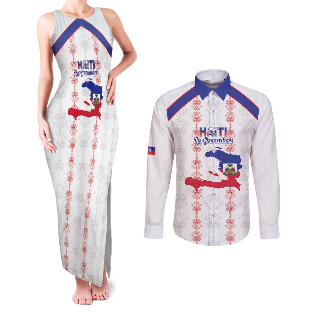 Custom Haiti Football Couples Matching Tank Maxi Dress and Long Sleeve Button Shirt Les Grenadiers Veve Vodou White - Wonder Print Shop