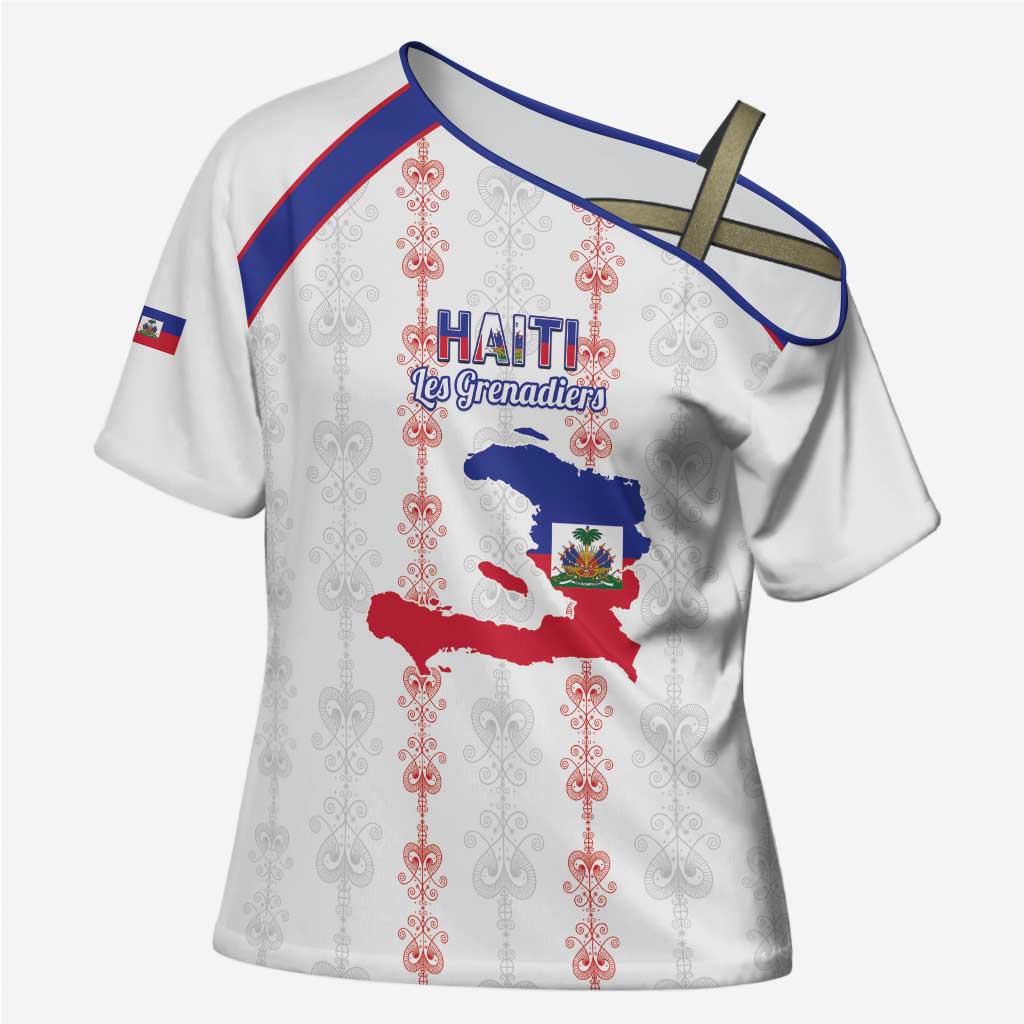 Custom Haiti Football Cross Shoulder Shirt Les Grenadiers Veve Vodou White - Wonder Print Shop