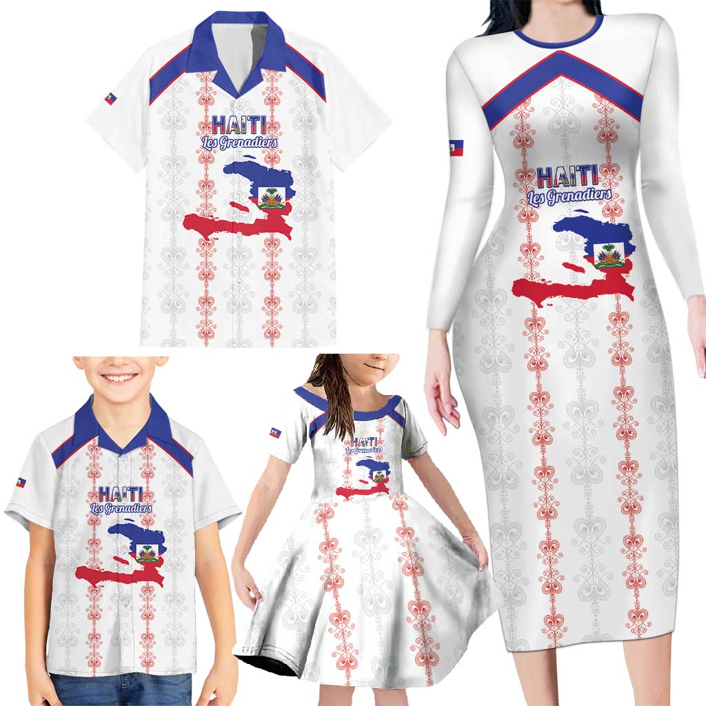 Custom Haiti Football Family Matching Long Sleeve Bodycon Dress and Hawaiian Shirt Les Grenadiers Veve Vodou White - Wonder Print Shop