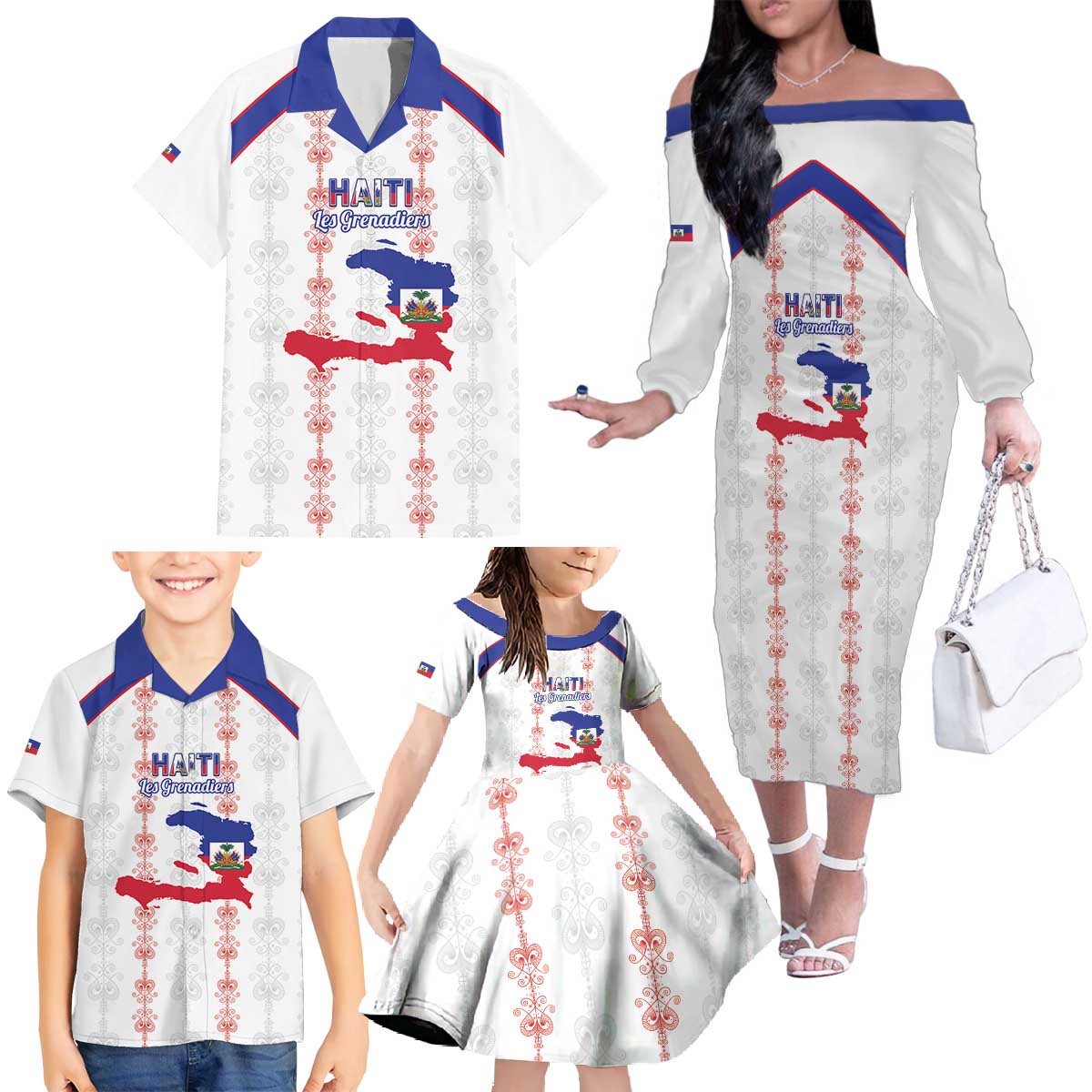 Custom Haiti Football Family Matching Off The Shoulder Long Sleeve Dress and Hawaiian Shirt Les Grenadiers Veve Vodou White - Wonder Print Shop