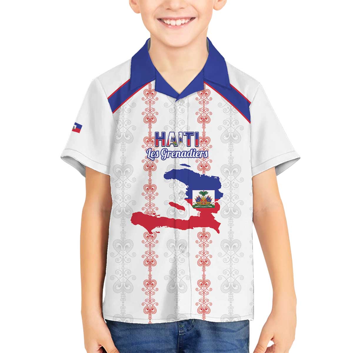 Custom Haiti Football Family Matching Off The Shoulder Long Sleeve Dress and Hawaiian Shirt Les Grenadiers Veve Vodou White - Wonder Print Shop