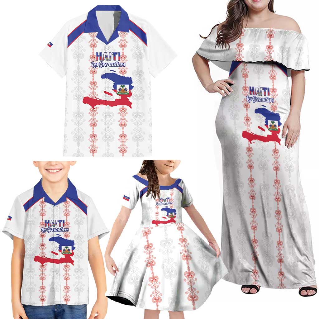 Custom Haiti Football Family Matching Off Shoulder Maxi Dress and Hawaiian Shirt Les Grenadiers Veve Vodou White - Wonder Print Shop