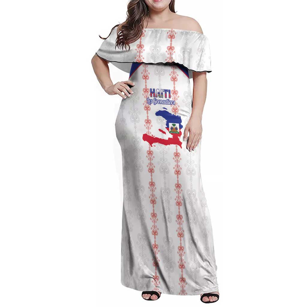 Custom Haiti Football Family Matching Off Shoulder Maxi Dress and Hawaiian Shirt Les Grenadiers Veve Vodou White - Wonder Print Shop