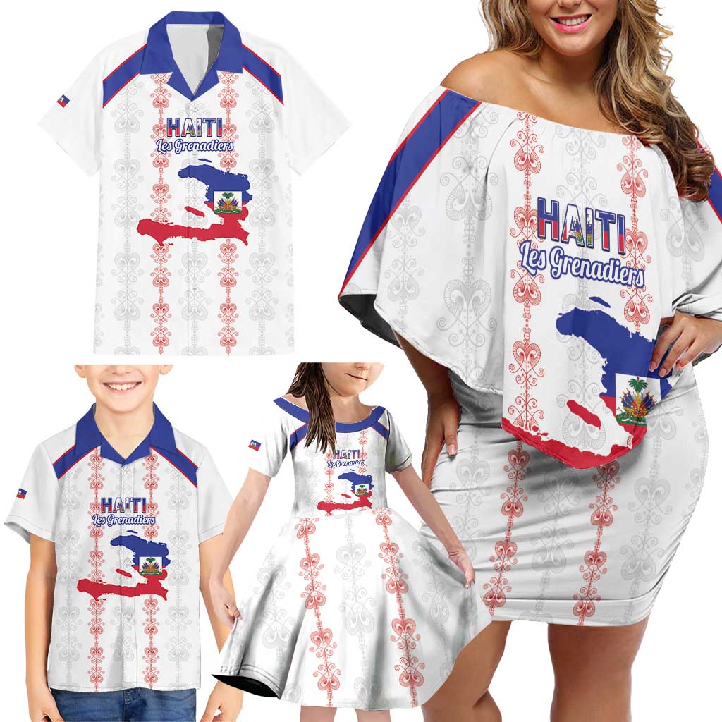 Custom Haiti Football Family Matching Off Shoulder Short Dress and Hawaiian Shirt Les Grenadiers Veve Vodou White - Wonder Print Shop