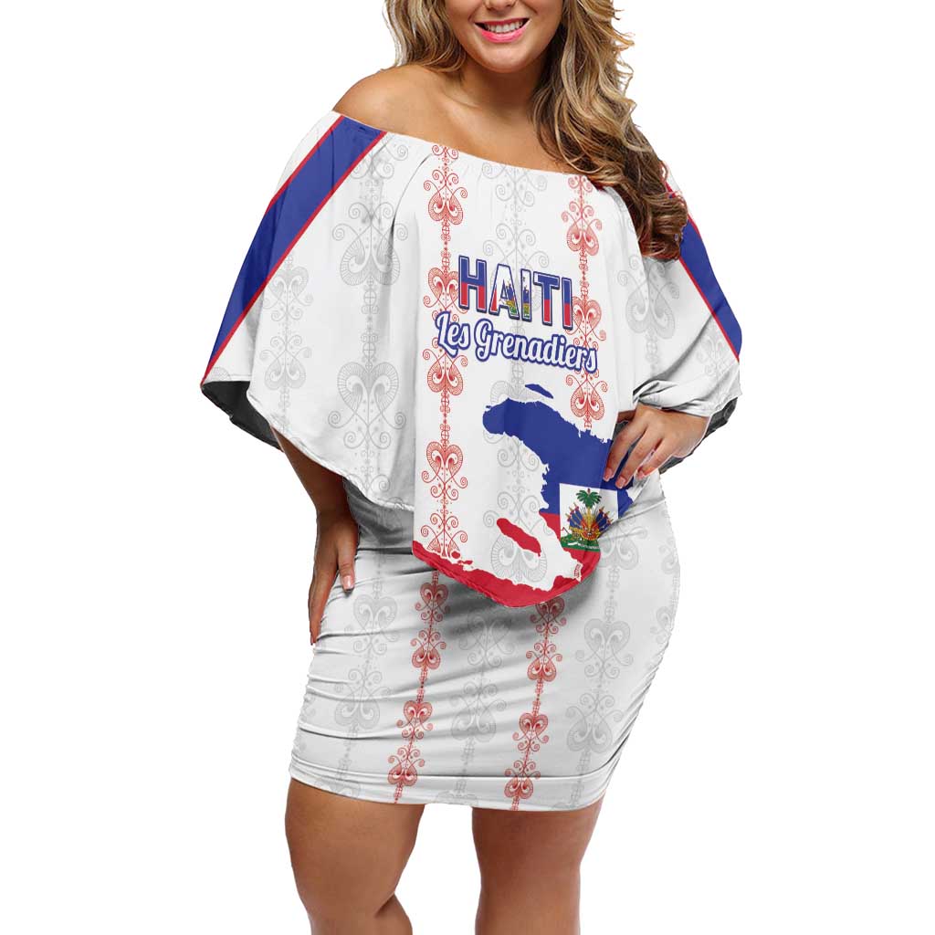 Custom Haiti Football Family Matching Off Shoulder Short Dress and Hawaiian Shirt Les Grenadiers Veve Vodou White - Wonder Print Shop