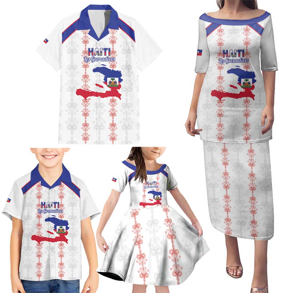 Custom Haiti Football Family Matching Puletasi and Hawaiian Shirt Les Grenadiers Veve Vodou White - Wonder Print Shop