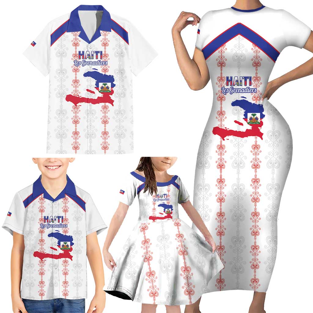 Custom Haiti Football Family Matching Short Sleeve Bodycon Dress and Hawaiian Shirt Les Grenadiers Veve Vodou White - Wonder Print Shop