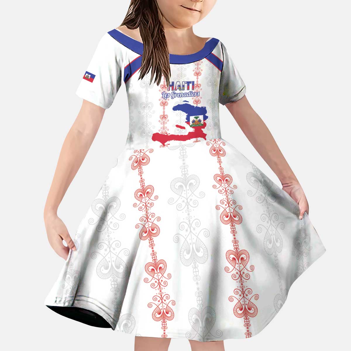 Custom Haiti Football Kid Short Sleeve Dress Les Grenadiers Veve Vodou White - Wonder Print Shop