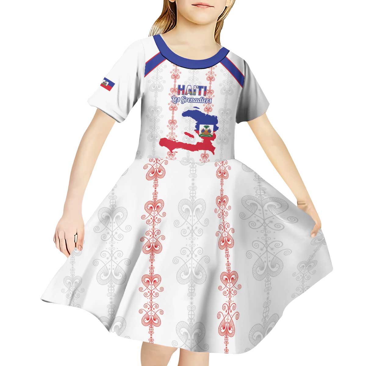 Custom Haiti Football Kid Short Sleeve Dress Les Grenadiers Veve Vodou White - Wonder Print Shop