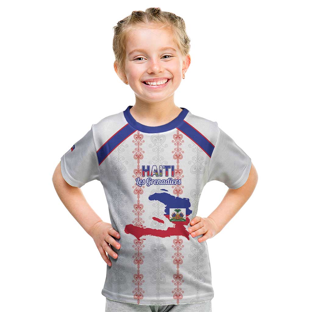 Custom Haiti Football Kid T Shirt Les Grenadiers Veve Vodou White - Wonder Print Shop