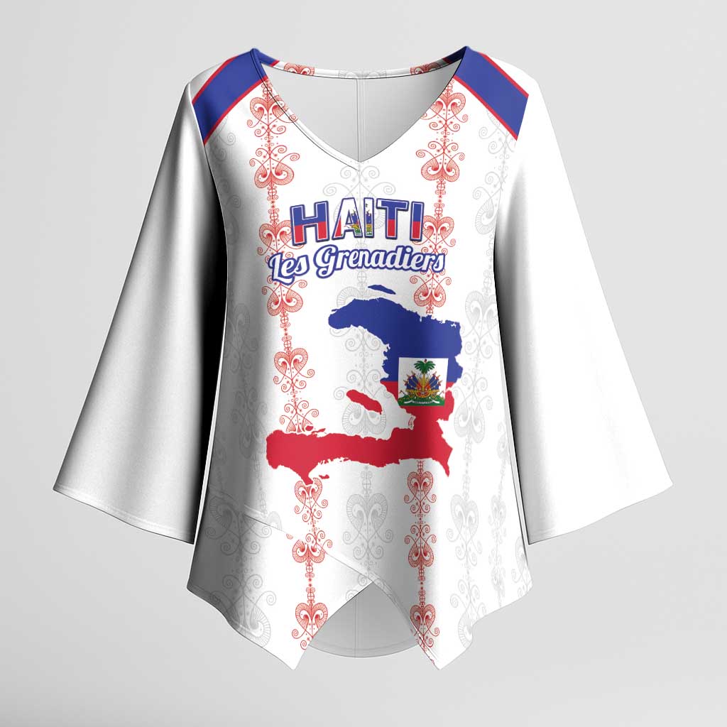 Custom Haiti Football Kimono Sleeve Blouse Les Grenadiers Veve Vodou White - Wonder Print Shop