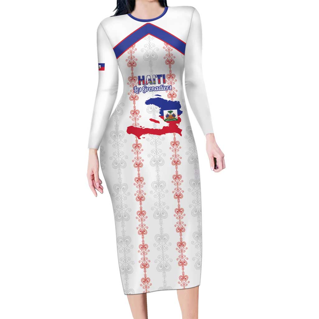 Custom Haiti Football Long Sleeve Bodycon Dress Les Grenadiers Veve Vodou White - Wonder Print Shop