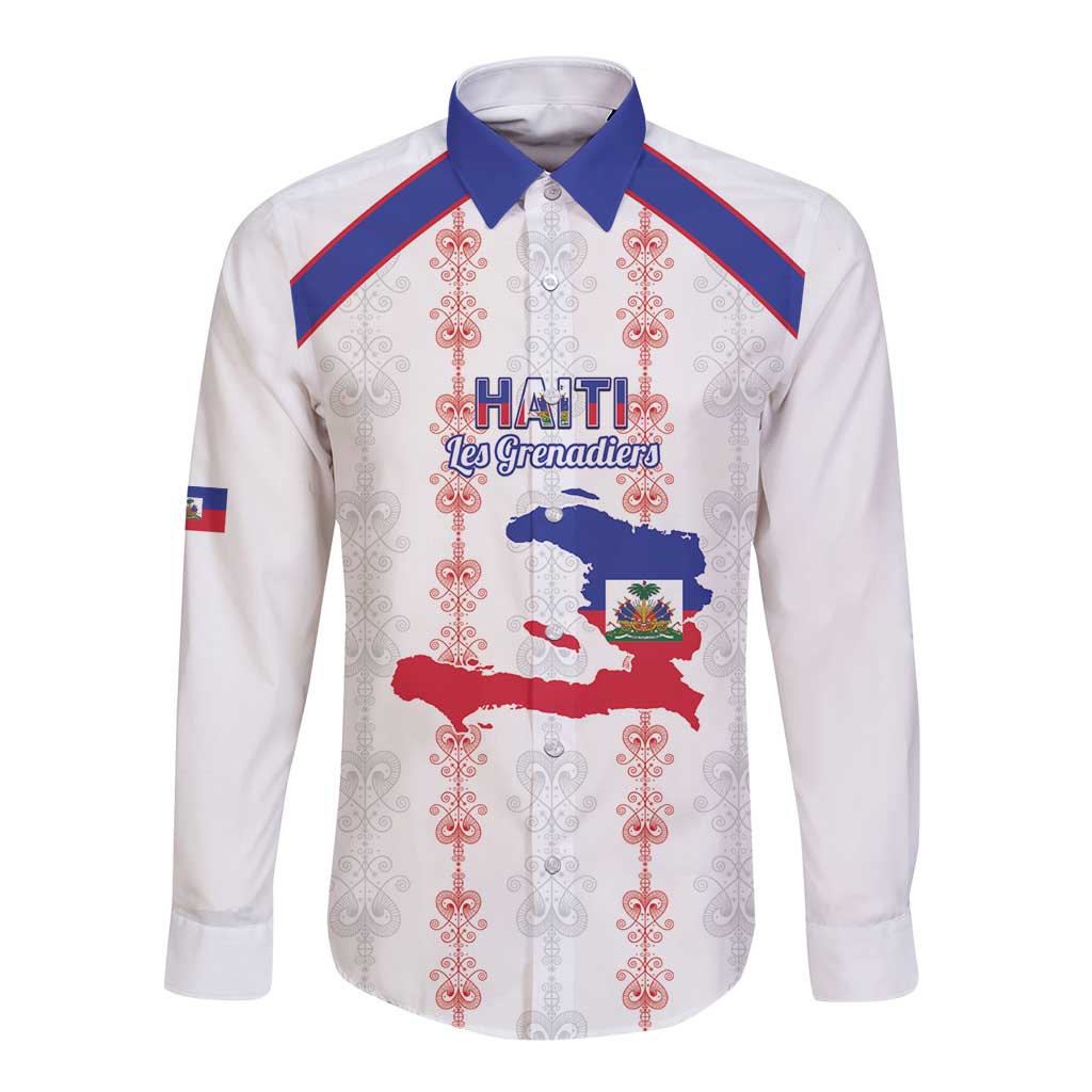 Custom Haiti Football Long Sleeve Button Shirt Les Grenadiers Veve Vodou White - Wonder Print Shop