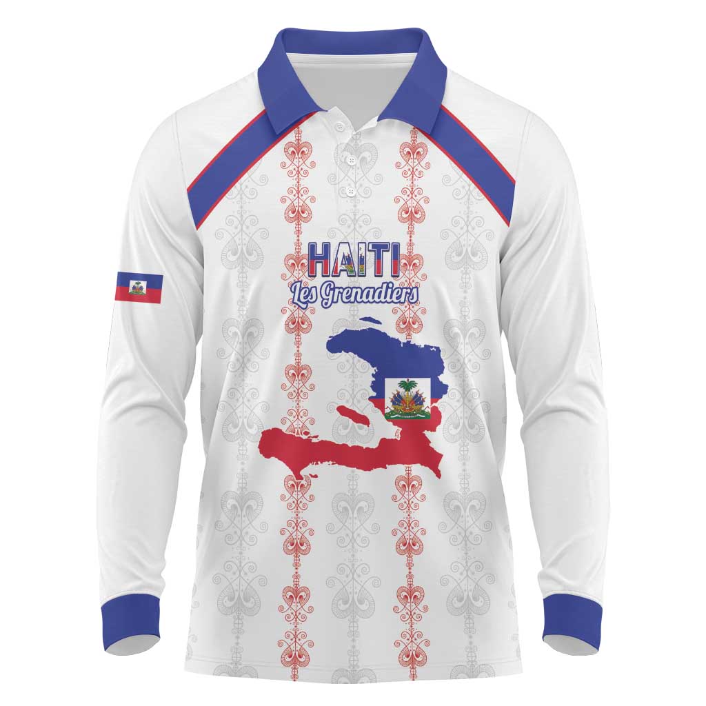 Custom Haiti Football Long Sleeve Polo Shirt Les Grenadiers Veve Vodou White - Wonder Print Shop