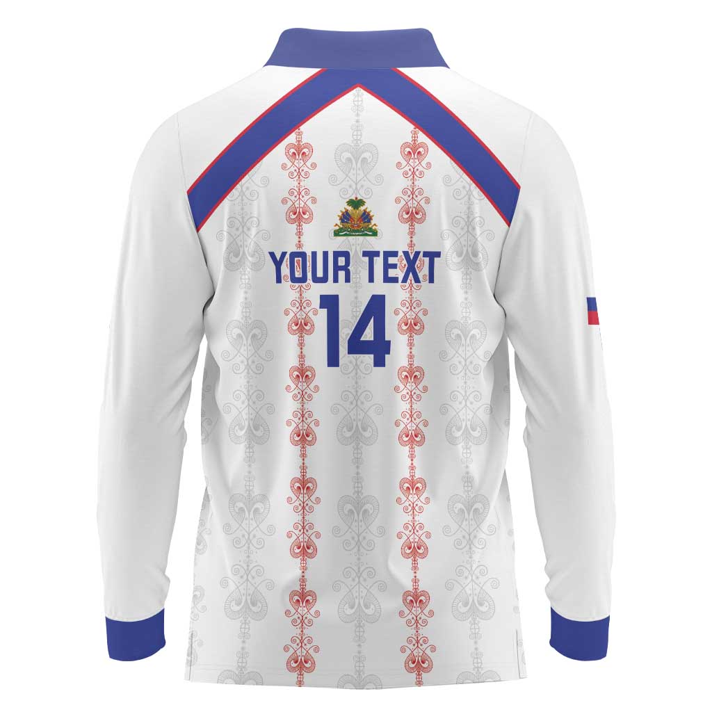 Custom Haiti Football Long Sleeve Polo Shirt Les Grenadiers Veve Vodou White - Wonder Print Shop