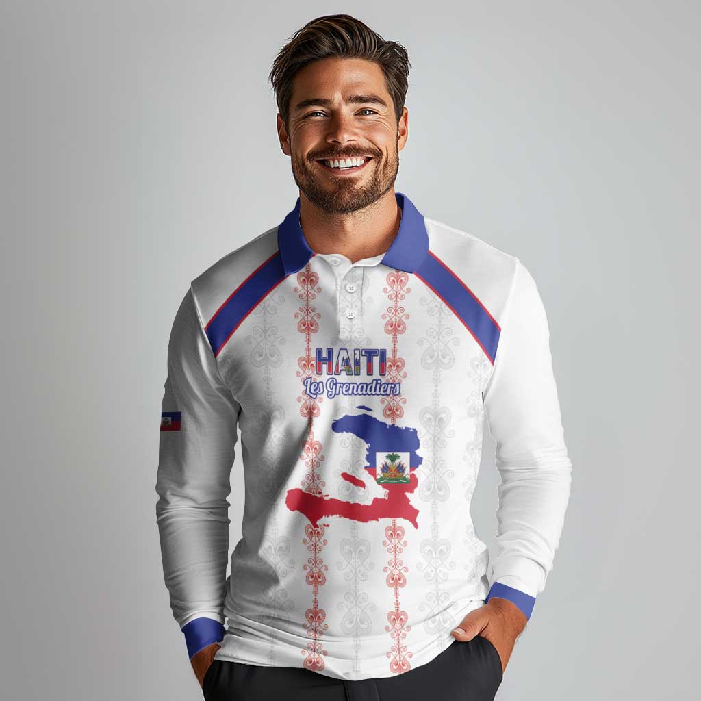 Custom Haiti Football Long Sleeve Polo Shirt Les Grenadiers Veve Vodou White - Wonder Print Shop