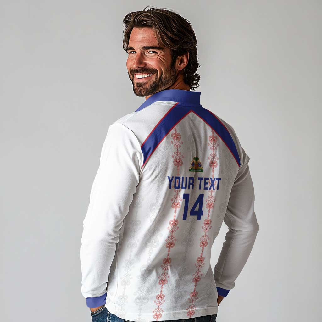 Custom Haiti Football Long Sleeve Polo Shirt Les Grenadiers Veve Vodou White - Wonder Print Shop