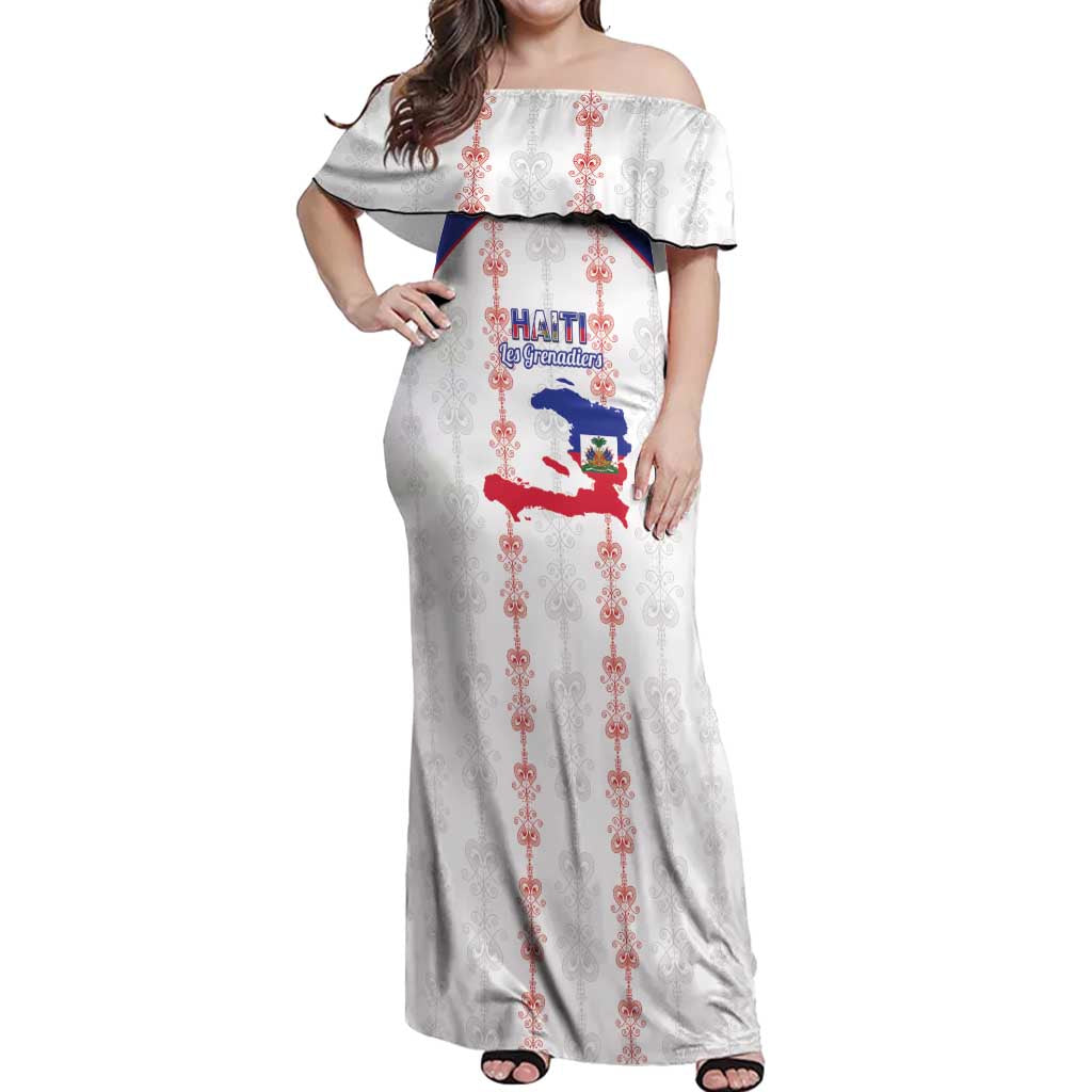 Custom Haiti Football Off Shoulder Maxi Dress Les Grenadiers Veve Vodou White - Wonder Print Shop