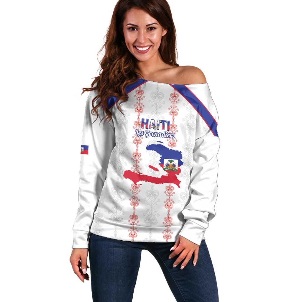 Custom Haiti Football Off Shoulder Sweater Les Grenadiers Veve Vodou White - Wonder Print Shop