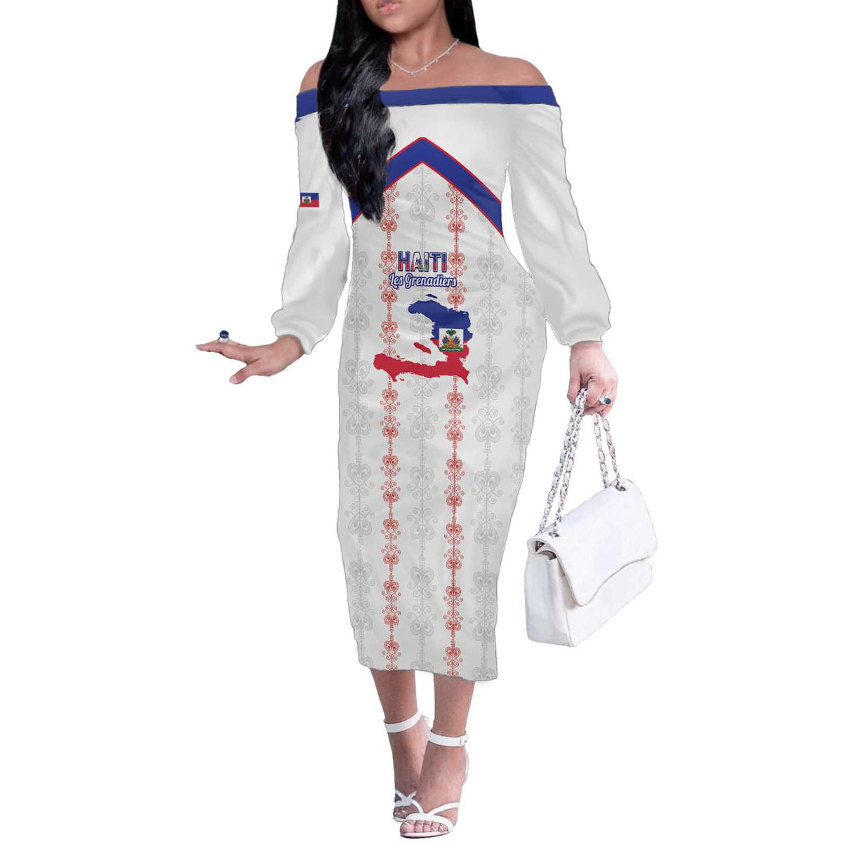 Custom Haiti Football Off The Shoulder Long Sleeve Dress Les Grenadiers Veve Vodou White - Wonder Print Shop