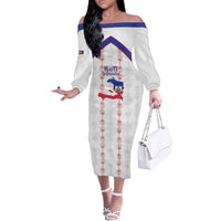 Custom Haiti Football Off The Shoulder Long Sleeve Dress Les Grenadiers Veve Vodou White - Wonder Print Shop