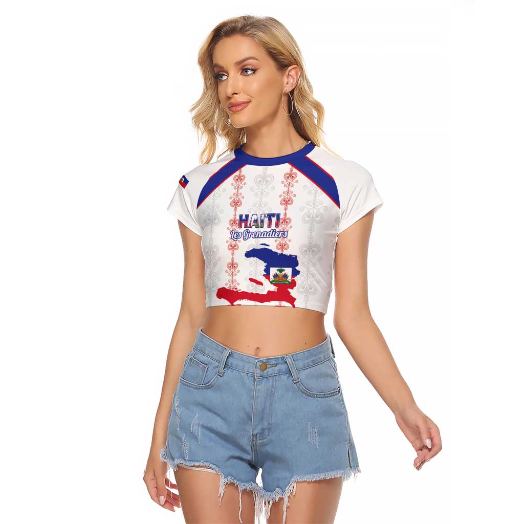 Custom Haiti Football Raglan Cropped T Shirt Les Grenadiers Veve Vodou White - Wonder Print Shop